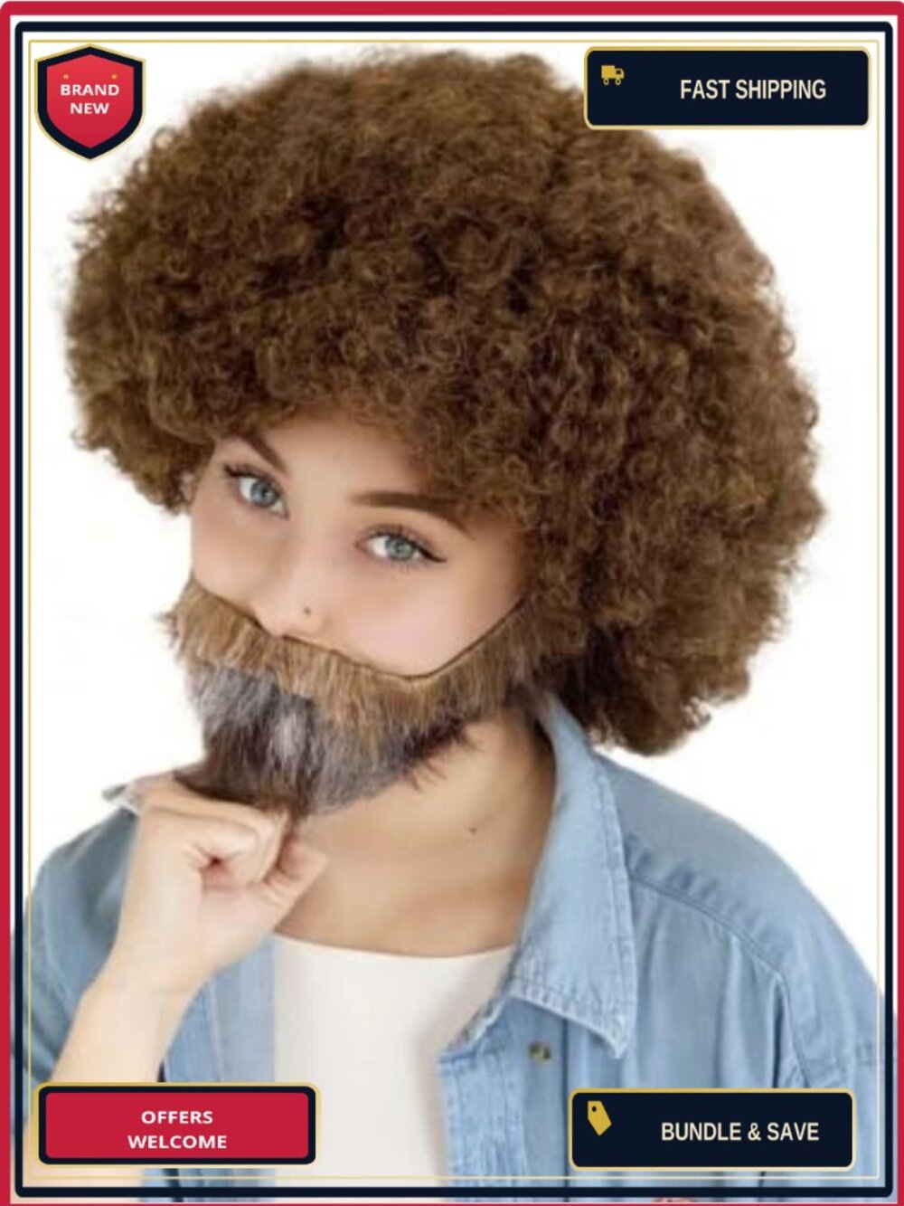 Curly Afro Wig Beard Mustache Set Retro Painter Adult Costume